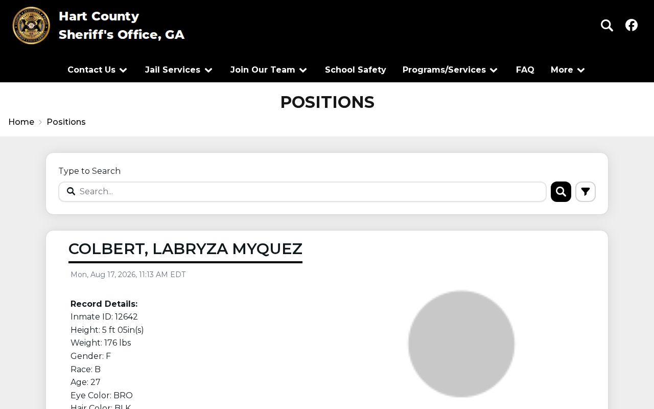 Hart County Jail current inmate search interface