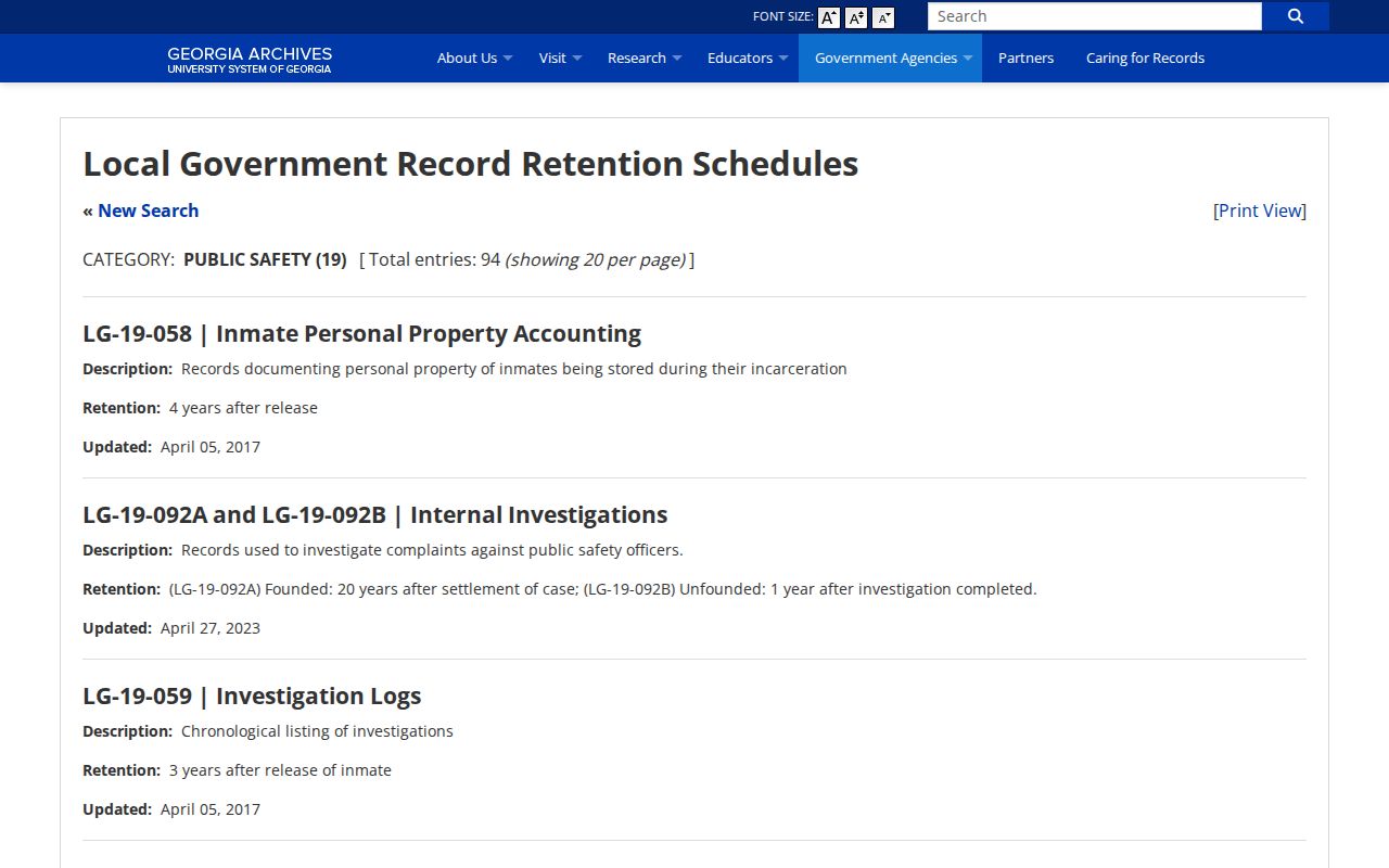 Georgia Archives local government retention schedule for Hart County jail records